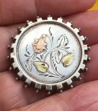 Antique Victorian / Edwardian Sterling Silver With Gold Accents Disc Brooch Pin