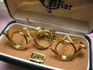 Vintage 18k Gold Plated Briar French Horn Cufflinks Tie Tack Set In Orig.  Box