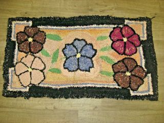 Primitive Antique American Floral Hand Made Hooked Rug 23 " X 41 " On Burlap