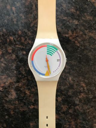 Vintage 80s White Swatch Watch Geometric Battery
