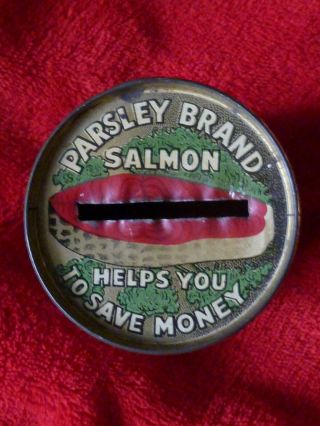 ANTIQUE ADVERTISING PARSLEY BRAND SALMON MONEY BOX 4