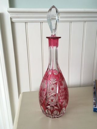 Elegant Vintage Decanter Cranberry Cut To Clear Glass