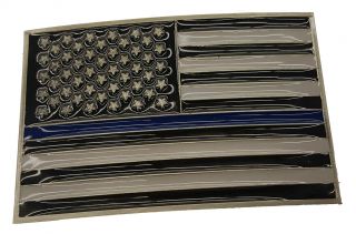 Thin Blue Line American Flag Police Memorial Rectangle Metal Belt Buckle