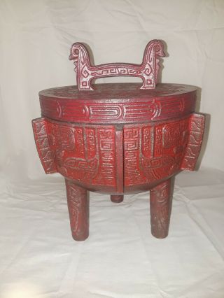 Vintage Red Ice Bucket James Mont Style Asian Aztec Cast Iron Urn Mid Modern