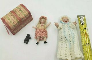 2 Vintage Miniature Dollhouse Dolls,  1 S.  Hoeltge Miniature Trunk W/ Mini Bear
