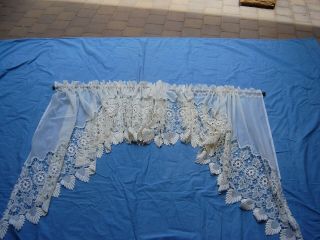 Vintage Holland Sheer Embroidered Valance & Swags Voile Curtains
