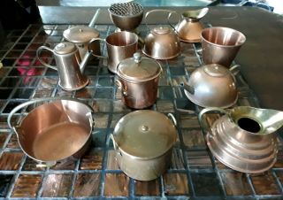 Vintage 12 Piece,  British Made Copper Saucepans Frying Pans Kitchen Dollhouse