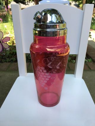 Antique Art Deco Bohemian Cut Etched Ruby Red Glass Cocktail Shaker W/grapesw Is