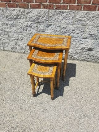 Bamboo Nesting Tables - Vintage 3 Piece Tables Bamboo and River Pebbles 2