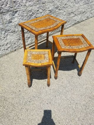 Bamboo Nesting Tables - Vintage 3 Piece Tables Bamboo and River Pebbles 4