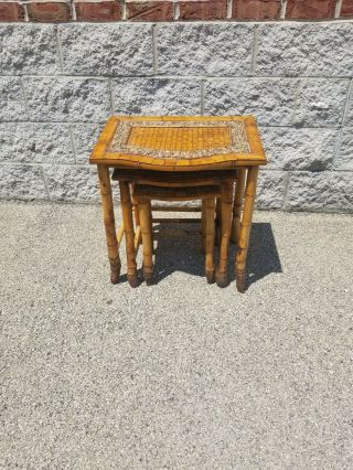 Bamboo Nesting Tables - Vintage 3 Piece Tables Bamboo and River Pebbles 6