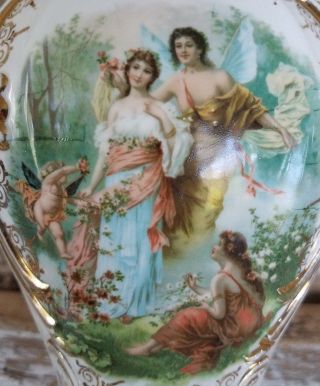 Vtg Antique Vase Gaurdian & Cherub Angel Lady Women Iridescent White Porcelain