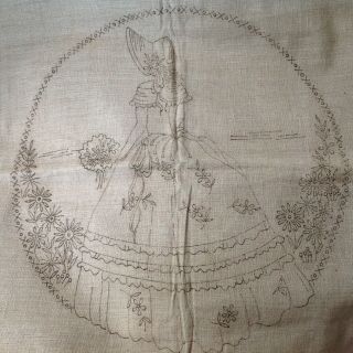 Vintage Crinoline Lady Linen Cushion Cover Ecru Printed - To Embroider 22 