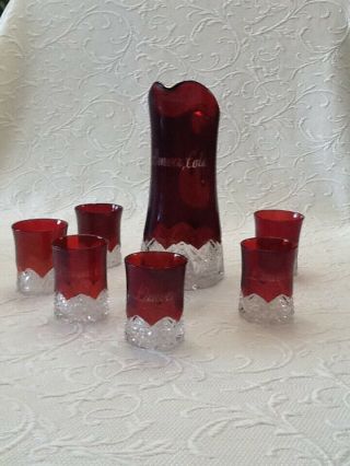 Antique Denver Etched Ruby (stained) Flash Pitcher And 6 Goblets