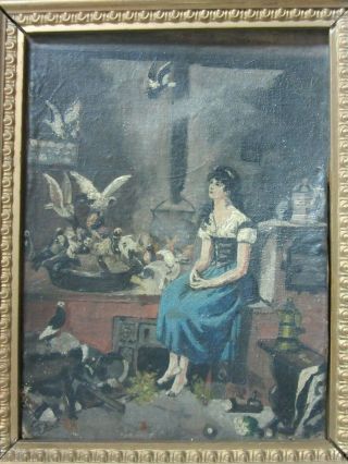 Signed Antique Oil On Board Painting Woman w/ Pigeons Doves Birds Ornate Frame 2