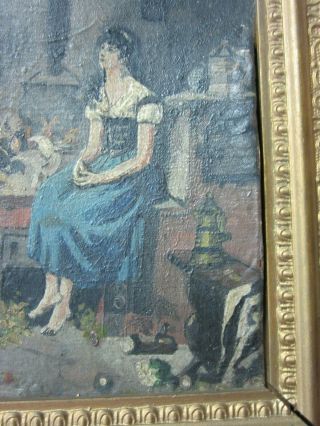 Signed Antique Oil On Board Painting Woman w/ Pigeons Doves Birds Ornate Frame 3