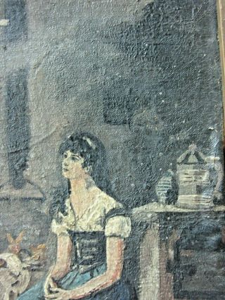 Signed Antique Oil On Board Painting Woman w/ Pigeons Doves Birds Ornate Frame 5