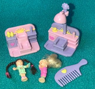 Polly Pocket Comb N Curl Hair Salon Dolls Real Hair Beauty Shop Parlor Complete