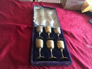 Vintage Set Of 6 X Brass Goblets In Blue Velour Gift Box Read Discription