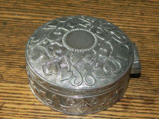 Vintage/antique - Round Silver Plate Trinket Jewelry Box - Hearts Velvet Lined