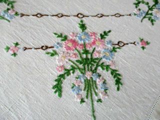 Vintage Tablecloth Hand Embroidered Blue & Pink Flowers