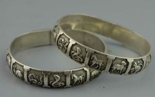 Collectable Handwork Old Miao Silver Carve 12 Zodiac China One Pair Bracelets