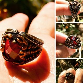 Antique خاتم اثري نادرruby Stone Engraved Scorpion In The Bronze 925 Silver Ring