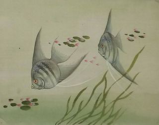 Vintage Chinese Painting On Silk Of Angel Fish