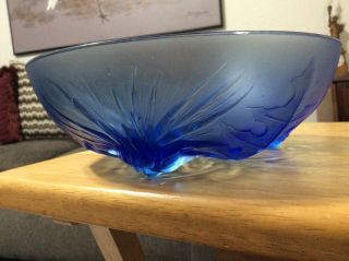 Verlys Art Deco Glass Bowl Blue Thistle Flower Leaf Design Satin Antique 1935 - 40