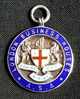 Silver & Enamel Fob Medal London Business Houses 1931 A.  S.  A.  Swimming Team