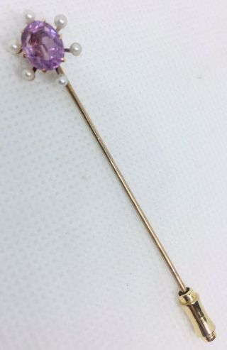 Victorian 14k Rose Gold Amethyst & Seed Pearl Stick Pin 1.  5 Ct Antique Jewelry