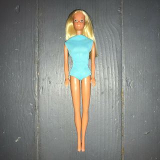 Vintage 1960s? 70s? Sunset Malibu Barbie Tan Aqua Swimsuit Blond Blue Eyes Ec