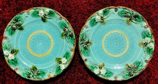 Set Of 2 Antique French Majolica 8” Plates By Sarreguemines Strawberry & Flowers