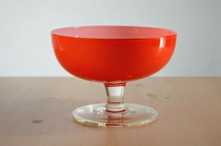 Retro Cased Glass Orange Comport / Footed Bowl With Clear Foot