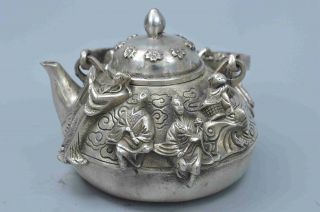 Collectable Handwork Tibet Old Miao Silver Carve 8 Immortals Exorcism Tea Pots