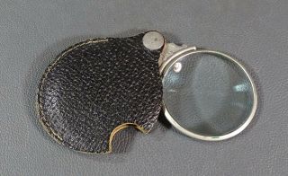 1900s Antique Pocket Folding Magnifier Magnifying Glass Loupe Leather Pouch Case