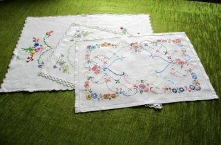Vintage Tray Cloth - Hand Embroidered - Col.  Of 3 - Linen