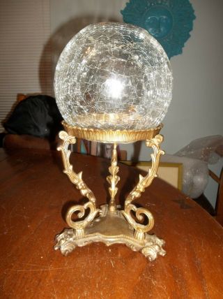 Vintage Brass Crackle Glass Bowl Crystal Ball Orb Holder Fishbowl Stand