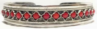 Stunning Native American Or Tibetian Antique 950 Silver Coral Cuff Bracelet