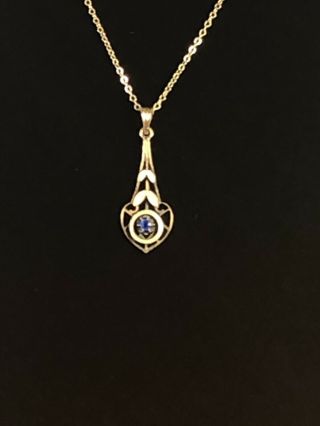 Vtg Antique Art Nouveau Deco 1920s 1/20 12K Gold Blue Stone Lavaliere Necklace 2