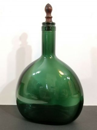 Vtg Antique Green Glass Wide Wine Decanter Bottle Wood Cork
