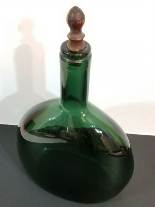 Vtg Antique Green Glass Wide Wine Decanter Bottle Wood Cork 2