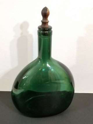 Vtg Antique Green Glass Wide Wine Decanter Bottle Wood Cork 3