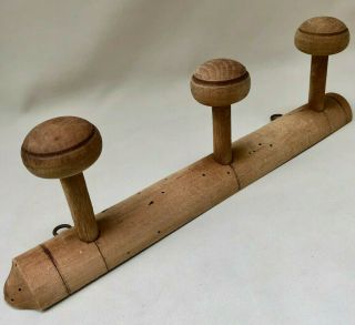 Antique French Turned Wood Coat Or Hat Rack With 3 Turned Wooden Knobs