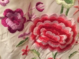Antique Hand Embroidered Flowers Floral Piano Shawl Fringe Manton de Mantilla 3