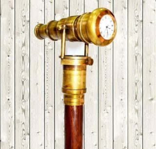 Antique Brass Telescope Hidden Roman Clock On Top With Wooden Walking Stick Cane