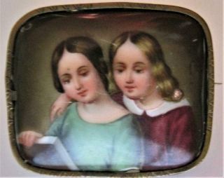 Large Antique 19th C.  Porcelain Hand Painted Brooch Pin Ladies Reading A Book