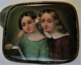 Large Antique 19th c.  Porcelain Hand Painted Brooch pin Ladies reading a book 3