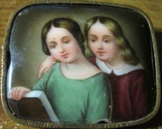 Large Antique 19th c.  Porcelain Hand Painted Brooch pin Ladies reading a book 4