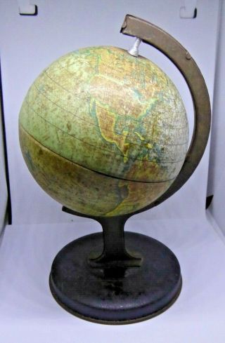 1930 English Reliable Series Litho Tin World Map Terrestrial Globe Atlas - Stand